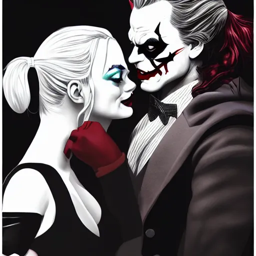 Image similar to Margot Robbie as Harley Quinn kissing the joker, highly detailed, digital painting, artstation, concept art, smooth, sharp focus, illustration, art by yoji shinakawa, black and white