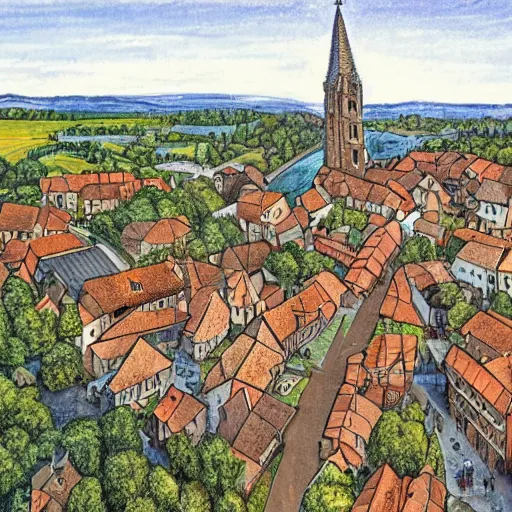 Prompt: aerial view of a small medieval town, rural, blacksmith, town square, church, cartographism!!!!