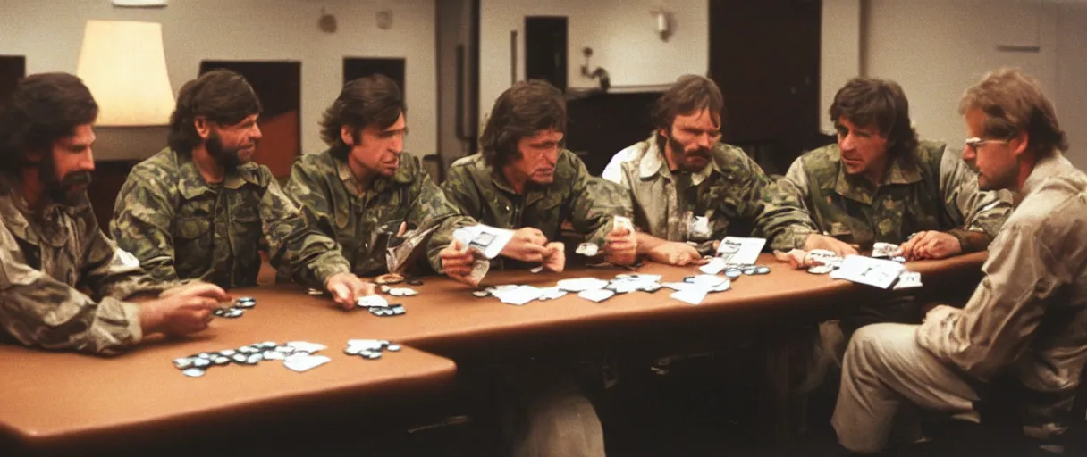 Image similar to a high quality extreme wide establishing shot hd 4 k film 3 5 mm color photograph of a group of grizzled caucasian male civilian military contractors sitting at a square table playing cards in a dimly lit breakroom smoking ciggarettes in 1 9 8 2