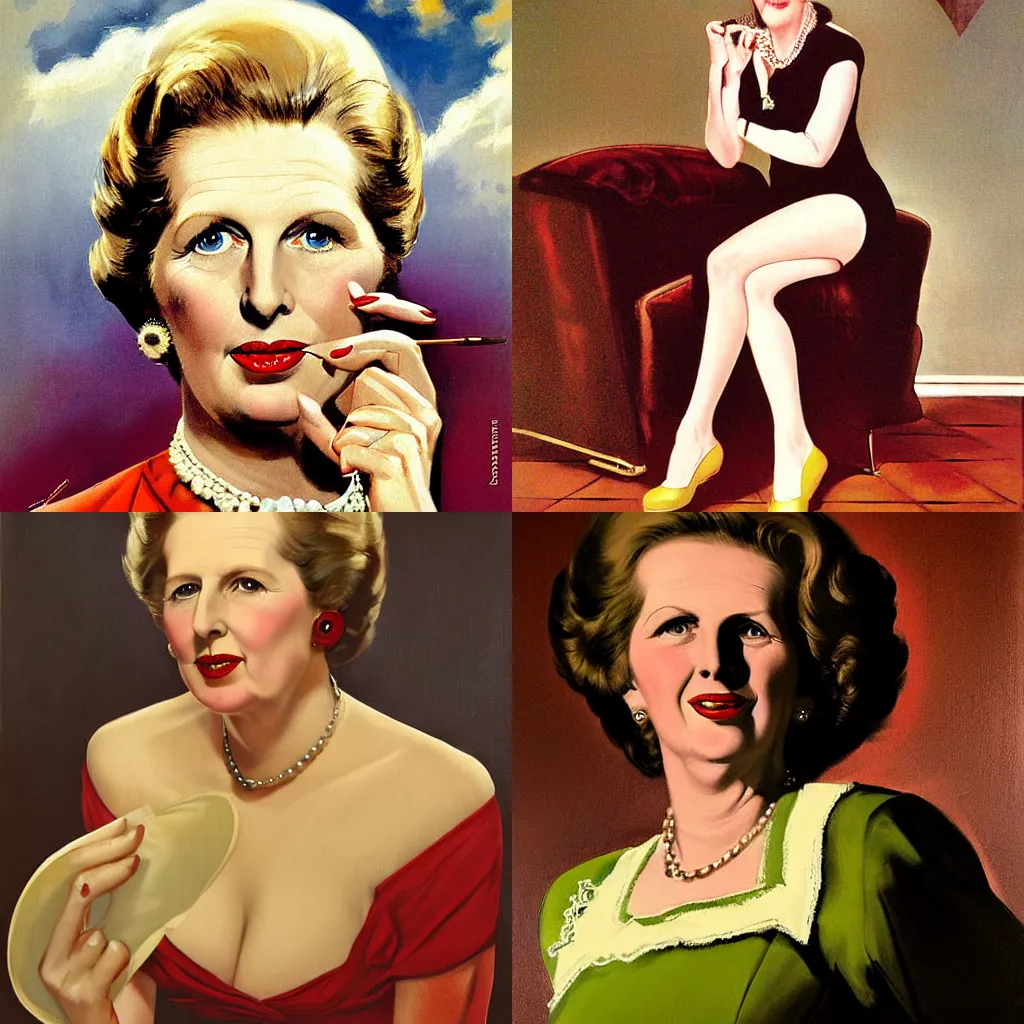 Prompt: margaret thatcher painted by Gil Elvgren