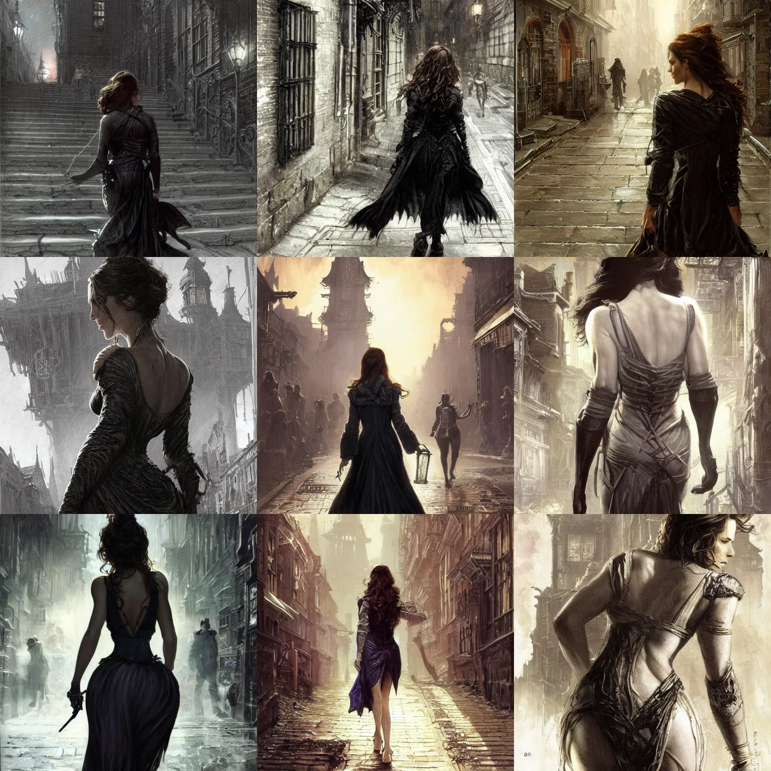 Image similar to back view of kate beckinsale as investigiator walking down street in arkham town, female, detailed face, gorgeous, amazing, new england architecture, 1 9 2 0 style, intricate, highly detailed, musculine, lovecraft illustration, painting by gaston bussiere, craig mullins