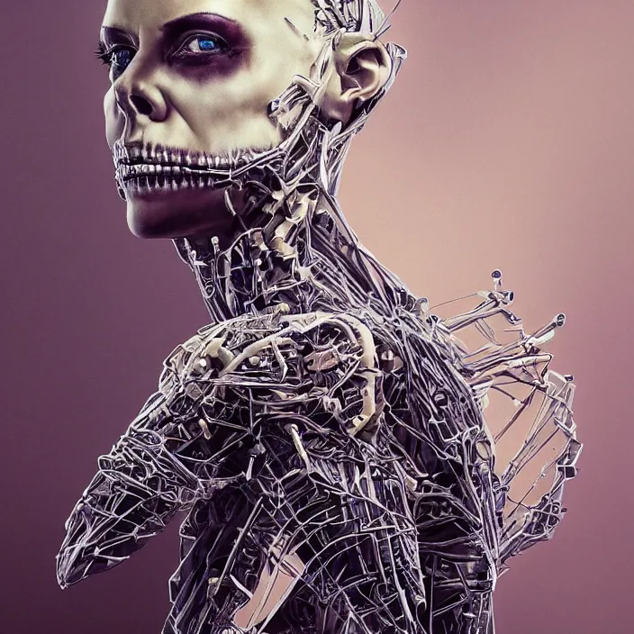 Image similar to portrait of charlize theron as a skeleton. intricate abstract. intricate artwork. nightmare fuel. by Tooth Wu, wlop, beeple, dan mumford. octane render, trending on artstation, greg rutkowski very coherent symmetrical artwork. cinematic, hyper realism, high detail, octane render, 8k, iridescent accents