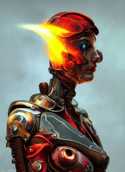 Image similar to ( symmetry ) closeup portrait of a stunning armored cyborg female pirate captain, strong cinematic light, backlight glow, red yellow, viscous smoke, ( ( ( ( realistic fluid simulation ) ) ) ), mist, by gerald brom, by mikhail vrubel, by peter elson, muted colors, extreme detail, trending on artstation, 8 k