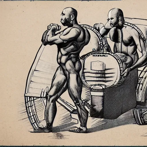 Image similar to a muscular bald man carrying engines on his back, technical diagram