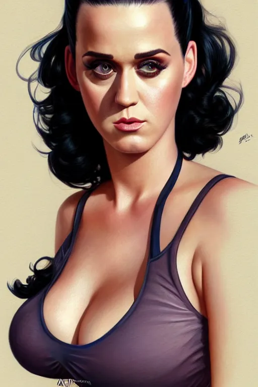 Image similar to pregnant katy perry in a tank top, realistic portrait, symmetrical, highly detailed, digital painting, artstation, concept art, smooth, sharp focus, illustration, cinematic lighting, art by artgerm and greg rutkowski and alphonse mucha