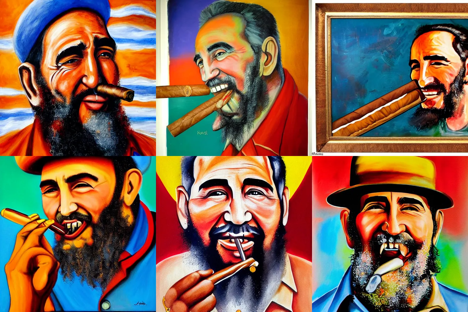 Prompt: epic painted portrait of fidel castro smiling with a cigar - warm colors - cuba - havana
