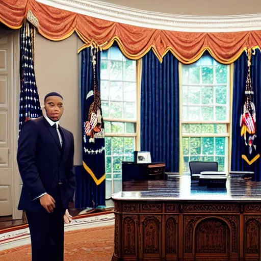Image similar to professional portrait of dababy in the oval office, wearing a black suit,