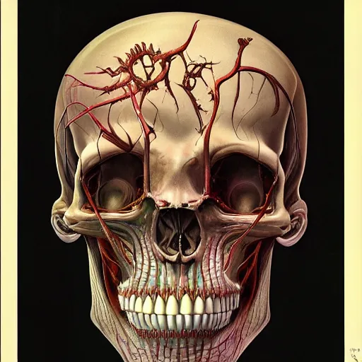 Prompt: nightmare etherreal iridescent vascular nerve bundles pearlescent spinal chord skull horror by Naoto Hattori, Zdzislaw, Norman Rockwell, Studio Ghibli, Anatomical cutaway