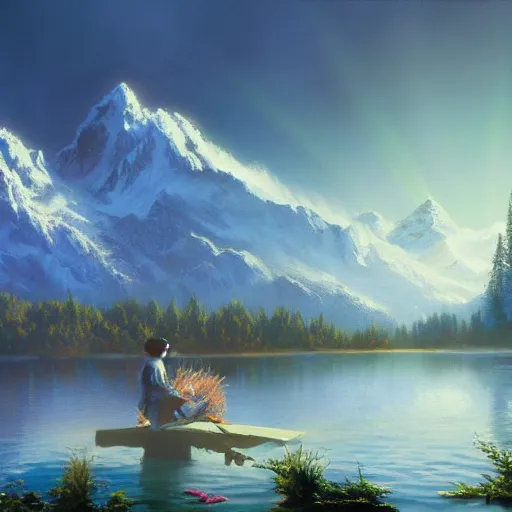 Image similar to a beautiful matte painting of a character, by steve argyle and mark arian, in an environment painted by bob ross