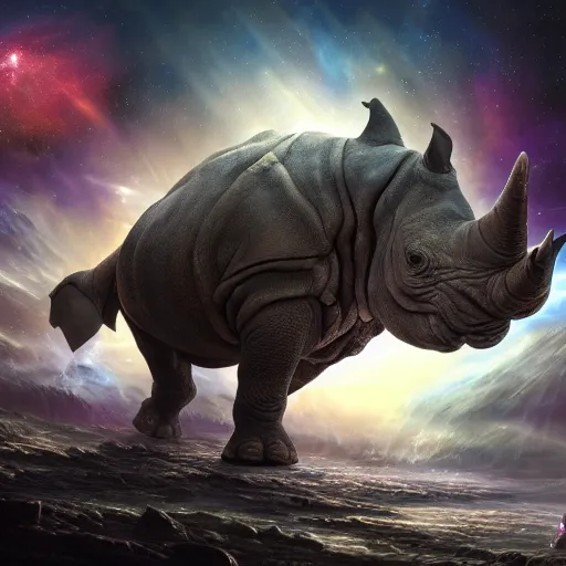 Image similar to a giant galactic rhino stampeding through a nebula by WLOP and tony sart, fantasy art, 4k, HDR, photorealistic, 8k, trending on artstation