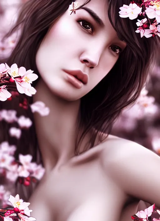 Image similar to photo of a gorgeous female with messy hair in the style of stefan kostic, realistic, body shot, sharp focus, 8 k high definition, insanely detailed, intricate, elegant, art by stanley lau and artgerm, cherry blossoms