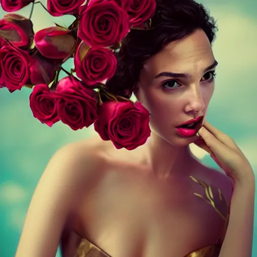 Image similar to fine art photo of the beauty gal gadot, she is merging from pink roses, taken by oleg oprisco