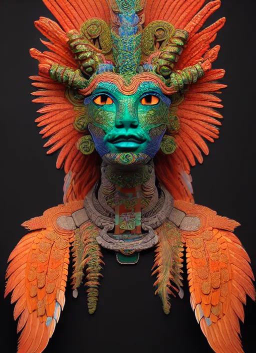 Image similar to 3 d goddess profile portrait. beautiful intricate highly detailed quetzalcoatl mask and feathers. ahuizotl, atotolin, bioluminescent, plasma, lava, ice, water, wind, creature, thunder clouds, artwork by tooth wu and wlop and beeple and greg rutkowski, 8 k trending on artstation,