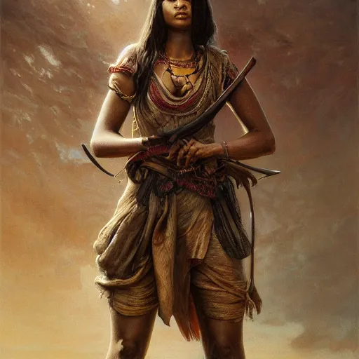 Image similar to artstation concept of a beautiful girl holding a sword in both hands, brown skin, sweaty skin, symmetrical face, casual white garment, brown canyon background, shiny colorful, hyperdetailed, artstation trending, world renowned artists, worth1000.com, historic artworks society, antique renewel, cgsociety, by greg rutkowski, by Gustave Dore, Deviantart