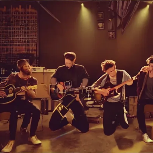 Prompt: somewhere in the space between, music video, two men, stars, band, guitar, bass, high definition, boy band