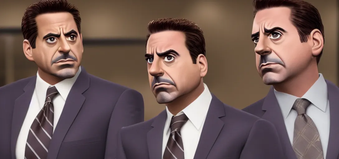 Image similar to a very high resolution image of tony stark and micheal scott. from an episode of the office. photorealistic, photography