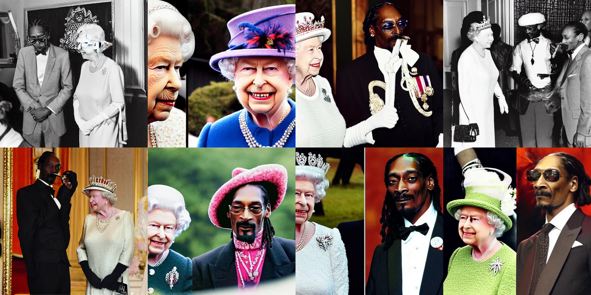 Prompt: Queen Elizabeth and Snoop Dogg smoking weed