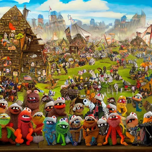 Prompt: muppet siege warfare, epic battle painting with extreme detail, very wide panorama