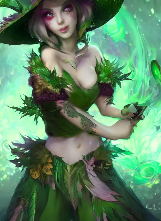 Image similar to lulu fairy witch with green eyes, from league of legends, au naturel, hyper detailed, digital art, trending in artstation, cinematic lighting, studio quality, smooth render, fluorescent skin, unreal engine 5 rendered, octane rendered, art style by klimt and nixeu and ian sprigger and wlop and krenz cushart