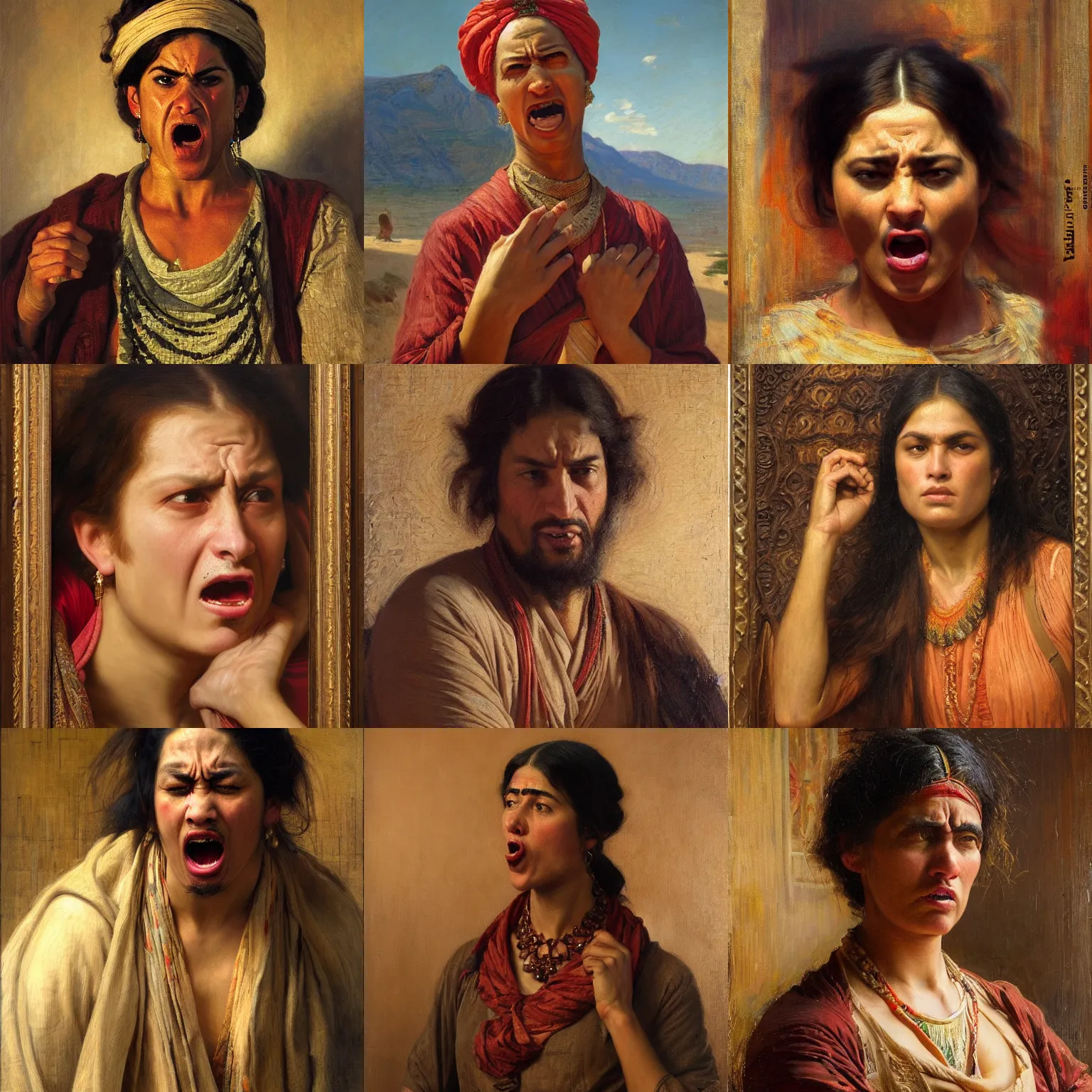 Prompt: orientalism frothing with rage seething angry face portrait by Edwin Longsden Long and Theodore Ralli and Nasreddine Dinet and Adam Styka, masterful intricate art. Oil on canvas, excellent lighting, high detail 8k