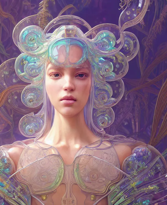 Prompt: intricate ornate opulent transparent clear see - through portrait of a beautiful male gundam alien sea slug, mottled coloring, adorable, childlike, overgrown jungle environment, ultra realistic, concept art, art nouveau, photorealistic, octane render, 8 k, unreal engine. art by christopher marley and artgerm and greg rutkowski and alphonse mucha