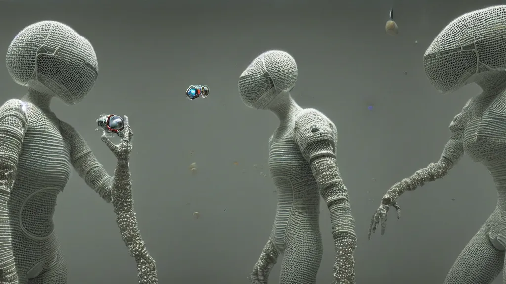 Image similar to a cybernetic symbiosis of a single astronaut eva suit made of pearlescent wearing knitted yarn thread infected with diamond 3d fractal lace iridescent bubble 3d skin covered with stalks of insectoid compound eye camera lenses floats through the living room, film still from the movie directed by Denis Villeneuve with art direction by Salvador Dalí, wide lens,