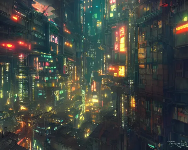 Image similar to panoramic view of a cyberpunk city at night, bokeh lights, anime, ilya kuvshinov, guweiz, greg rutkowski, concept art, digital painting, cinematic, extreme detail, expansive