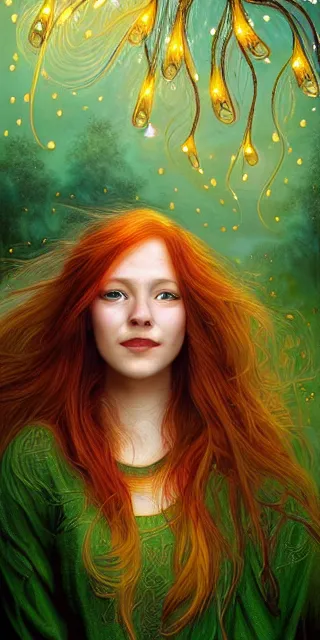 Image similar to infp young woman, smiling amazed, golden fireflies lights, sitting in the midst of nature fully covered, long loose red hair, intricate linework, green eyes, small nose with freckles, oval shape face, realistic, expressive emotions, dramatic lights spiritual scene, hyper realistic ultrafine art by michael cheval, jessica rossier, boris vallejo