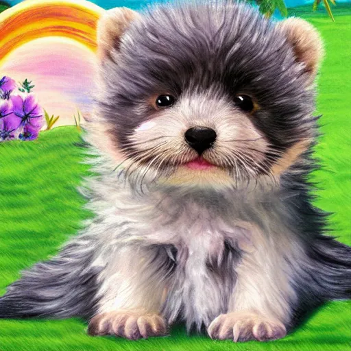 Prompt: cute fluffy hybrid animal cross between baby sea otter, kitten, and yorkshire terrier puppy sitting on a tropical beach landscape detailed painting 4 k