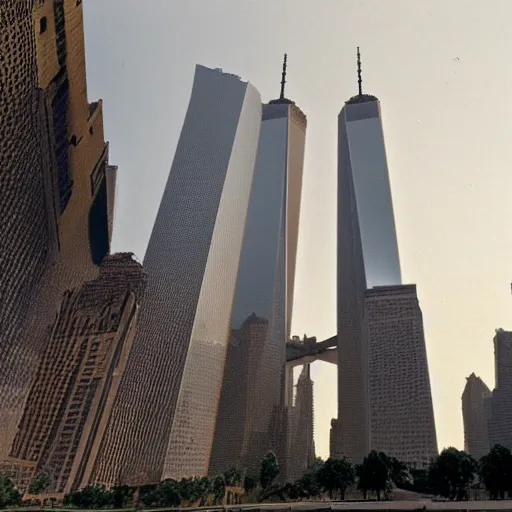 Image similar to the twin towers wtc, realistic, 8k resolution, hyperdetailed, highly detailed, real life, high quality Polaroid