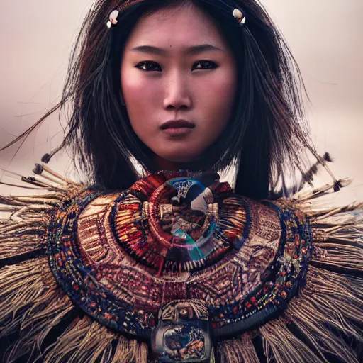 Image similar to portrait of a stunningly beautiful asian tribal female, depth of field, zeiss lens, detailed, symmetrical, centered, fashion photoshoot, by annie leibovitz and steve mccurry, david lazar, jimmy nelsson, breathtaking, 8 k resolution, extremely detailed, beautiful, establishing shot, artistic, hyperrealistic, beautiful face, octane render