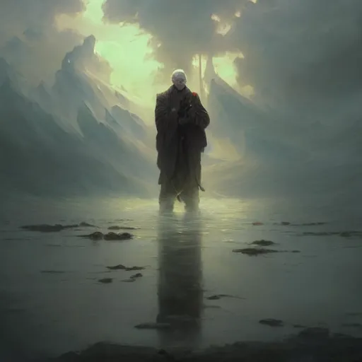 Image similar to cinematic shot epic portrait a melting old man, shiny, broad light, ambient occlusion, volumetric light effect, made by ivan aivazovsky, peter mohrbacher, greg rutkowski, matte painting, trending on artstation, 4 k, perfectly defined features, digital painting, cinematic, epic, highly detailed,