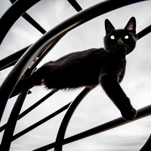 Prompt: happy black cat on a rollercoaster looping. focus on the cat. sunlight. fish eye lens canon eos r 3, f / 1. 4, iso 2 0 0, 1 / 4 0 s, 8 k, raw.