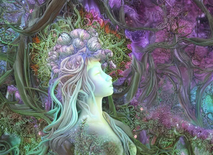 Image similar to glowing delicate flower and mushrooms that grow in a dark fatansy forest on the planet Pandora, an idealistic marble statue with fractal flowery hair in a fractal garden,