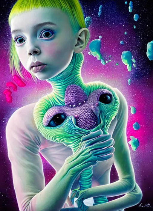 Image similar to hyper detailed 3d render like a Oil painting - kawaii portrait Aurora (an astronaut girl with suit like a skeksis from dark crystal that looks like millie bobby brown and Krysten Ritter) seen Eating of the Strangling network of yellowcake aerochrome and milky Fruit and His delicate Hands hold of gossamer polyp blossoms bring iridescent fungal flowers whose spores black the foolish stars by Jacek Yerka, Ilya Kuvshinov, Mariusz Lewandowski, Houdini algorithmic generative render, Abstract brush strokes, Masterpiece, Edward Hopper and James Gilleard, Zdzislaw Beksinski, Mark Ryden, Wolfgang Lettl, hints of Yayoi Kasuma, octane render, 8k