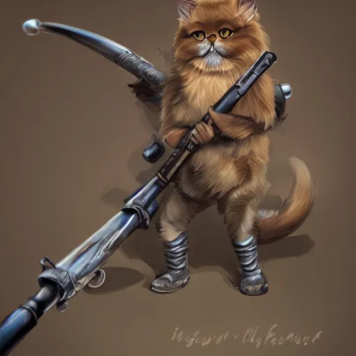 Image similar to a fantasy game portrait of a persian cat. the persian cat has a determined expression and is holding a bazooka. highly detailed and trending on art station.