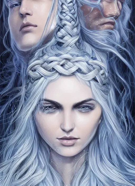 Prompt: norse god of the moon, long braided ash blonde hair, elegant, blue, silver, black, super detailed, very ornate, by artgerm, magali villeneuve, artstation, symmetrical face, 8 k, sharp focus, cinematic, illustration