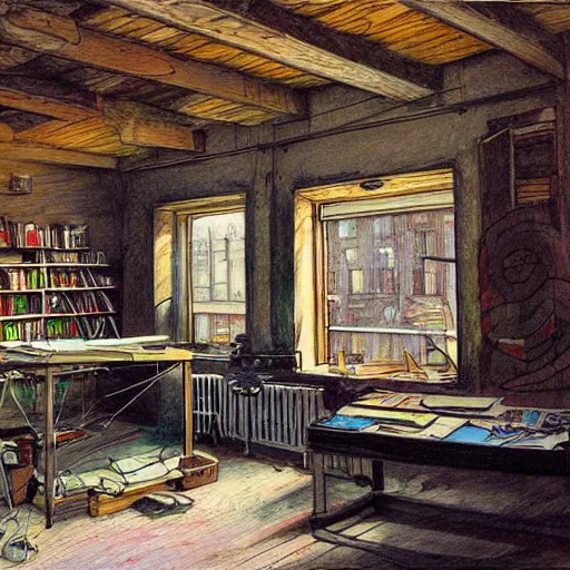 Prompt: artist studio, loft, old building, squat, drawing by moebius