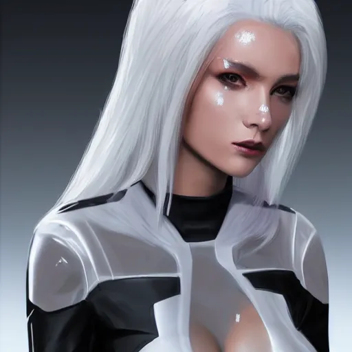 Image similar to beautiful white haired woman dressed in see through space suit in the style of zezhou chen artstation highly detailed, smooth, sharp focus