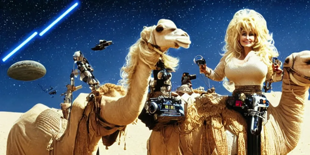 Prompt: Dolly Parton is riding a camel in a Star Wars space ship, minimal, space, electronic, robot, depth of field