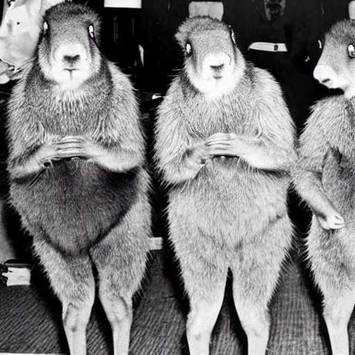 Prompt: Photo of Elegant dressed marmots at a gentlemen club, 1960,colorized