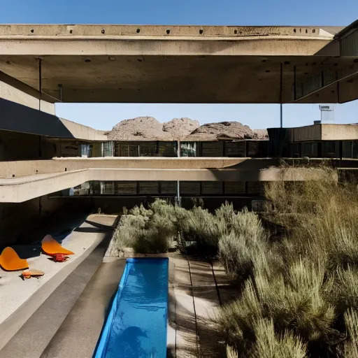 Image similar to brutalism hotel in the desert, biophilia mood, pool, garden, highly detailed, cinematic, photorealistic, made of concrete and steel