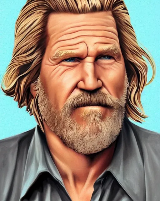 Prompt: cel - shaded portrait character art of jeff bridges in big lebowski, art, key art, movie poster