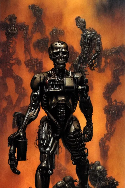 Prompt: the terminator in the style of wayne barlowe, gustav moreau, goward, bussiere, roberto ferri, santiago caruso, luis ricardo falero, frazetta