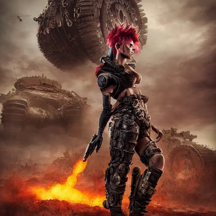 Image similar to beautiful apocalyptic woman with mohawk, standing on mad max panzer tank, hyper-detailed, smooth, sharp focus, 4k ultra hd, fantasy dark art, tank girl, artgerm, artstation, octane render, elegant, detailed digital painting, apocalyptic art, Francis bacon, gears of war, unreal engine, 3d depth map