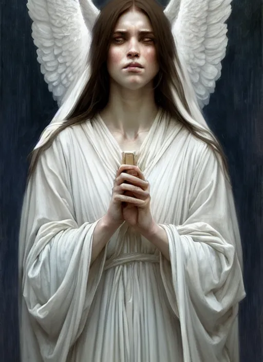 Image similar to portrait of angel in white robes. realistic shaded lighting poster by greg rutkowski, john william waterhouse, trending on art statio. highly detailed, symmetrical face.