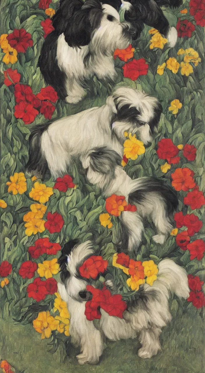 Image similar to one havanese dog, carrying flowers, mexico, painting # by diego rivera 1 9 3 5