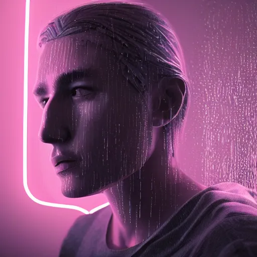 Prompt: a human portrait made out of rain, neon light, beautiful, rendered in octane, unreal engine, realistic