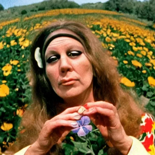 Image similar to 1970 hippie woman on tv show with a long prosthetic nose, wearing a floral robe in a meadow 1970 color archival footage color film 16mm holding a hand puppet Fellini Almodovar John Waters Russ Meyer Doris Wishman