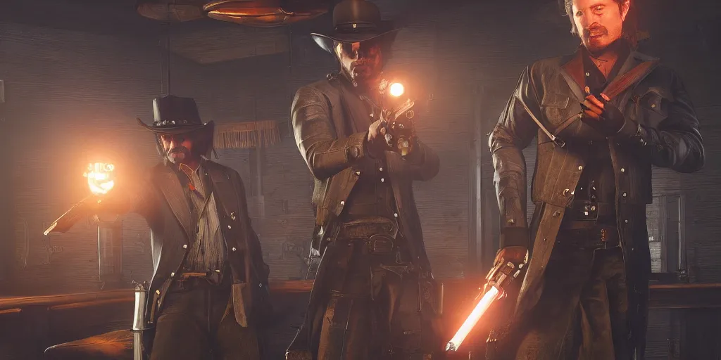 Prompt: a futuristic cowboy holding a glowing revolver to his enemies in a steampunk themed bar, red dead redemption 2, trending on artstation, digital art, award winning, cinematic lightning, god rays